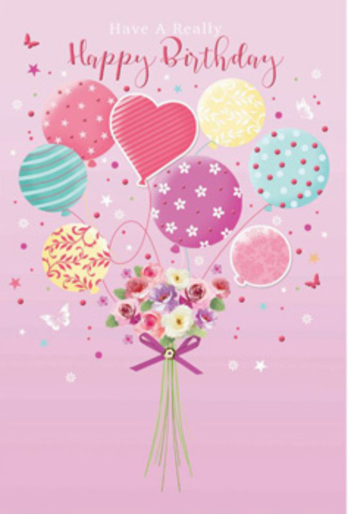 A poetic birthday scene floats across a blush-pink canvas, where a cluster of pastel balloons appears to lift a petite garden of flowers into the sky above Castelnau. The background is soft and calm, like early morning mist over the Thames, allowing the colours of the design to glow gently rather than shout. At the top, rounded balloons in pale sunshine yellow, rosy fuchsia, lavender, aqua, and mint rise together, each one detailed with its own whimsical pattern - swirling ribbons, dainty dots, and tiny floral sprays that ripple as if caught in a breeze. A single heart-shaped balloon sits among them, suggesting the presence of someone special at the centre of the birthday celebration. From these balloons, slender ribbons trail down to a hand-tied bouquet at the bottom of the composition. The bouquet is made up of petite roses and daisy-like blooms, shaded from warm cream to blush rose and soft mauve, their velvety petals overlapping in delicate layers. They are gathered neatly with a deep purple bow, which gives the impression of satin or organza, catching the light in a subtle shimmer. Tiny butterflies flutter near the flowers, joined by a few scattered stars, as if the bouquet were being admired in a storybook garden tucked behind one of Castelnau's elegant houses. The whole image feels like a gentle jubilation: not loud or brash, but filled with warmth, tenderness, and the quiet happiness that comes from a thoughtfully chosen birthday arrangement, the sort you might have delivered locally for someone you truly want to cherish.
