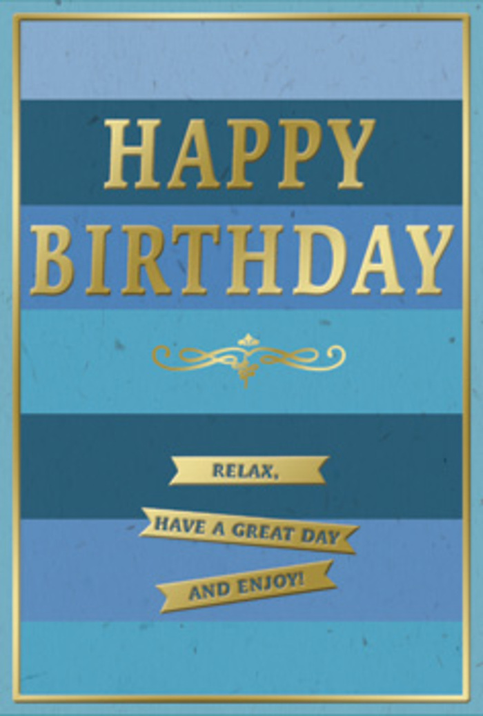 A carefully crafted birthday card rests against an invisible backdrop, its design built on gentle contrasts that evoke both celebration and calm, like a peaceful birthday afternoon in Castelnau. Wide horizontal layers of blue span the front, moving from deep inky navy at the top and bottom through bands of rich royal, denim, and teal, finally easing into a softer, mist-like blue at the centre. These stripes create a quiet sense of depth, as though the colour is receding gently into the distance, offering a moment of visual rest. Positioned right in this calmer central section, the phrase HAPPY BIRTHDAY appears in prominent gold lettering, slightly raised so it likely catches light from a nearby window. The metallic gold looks refined rather than glittery, its sheen akin to the warm glow of early evening along the nearby river. Beneath the main greeting, a delicate golden flourish curls outward in both directions, reminiscent of hand-drawn calligraphy or the decorative ironwork seen on older Castelnau properties, adding a touch of tradition to the modern colour blocking. At the lower portion of the card, three slim gold banners line up neatly, each embossed with a portion of the heartfelt message: Relax, have a great day and enjoy! The banners read like gentle instructions for an unhurried birthday, perhaps spent at home with flowers and cake rather than a loud party. A fine, continuous gold line encircles the design, acting like a frame and giving the impression that this is a considered, finished piece. The texture of the card appears smooth with subtle embossing where the gold elements rise from the surface, suggesting that, in the hand, you would feel both the coolness of the card and the raised warmth of the lettering-an understated, elegant companion to local flower delivery for a birthday in SW13.