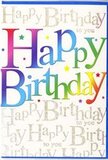 This image shows a joyful birthday card that looks as if it could have been designed to sit beside a bright arrangement from a Castelnau florist on a well-laid dining table. The main focus is the large Happy Birthday message, written in full across the card in thick, cheerful letters that move through a complete spectrum of colour. Starting with deep berry reds and warm oranges, the gradient continues through golden yellow, fresh lime and leafy greens, then into turquoise, cobalt, and velvety purples, each letter transitioning smoothly into the next like a carefully blended hand-tied bouquet. The lettering appears slightly raised or glossed, catching light from one side and giving the impression of quality printwork. Behind this bold greeting, the background is filled edge to edge with a delicate, looping golden script that repeats Happy Birthday to you in slender cursive, reminiscent of a lovingly penned note. This script glimmers subtly, as if printed in fine gold foil that would shimmer when the card is tilted under the soft light of a Castelnau living room. Tiny, scattered sparkles and star-shaped flecks brighten the scene further, suggesting festive confetti or the last glow of sparklers after a riverside celebration. The design manages to feel both exuberant and refined, with clean white spaces allowing the colours and gold accents to breathe. It's the kind of birthday card you might send alongside same-day flower delivery across Castelnau, transforming a simple wish into a full, heartfelt moment of joy for someone special.